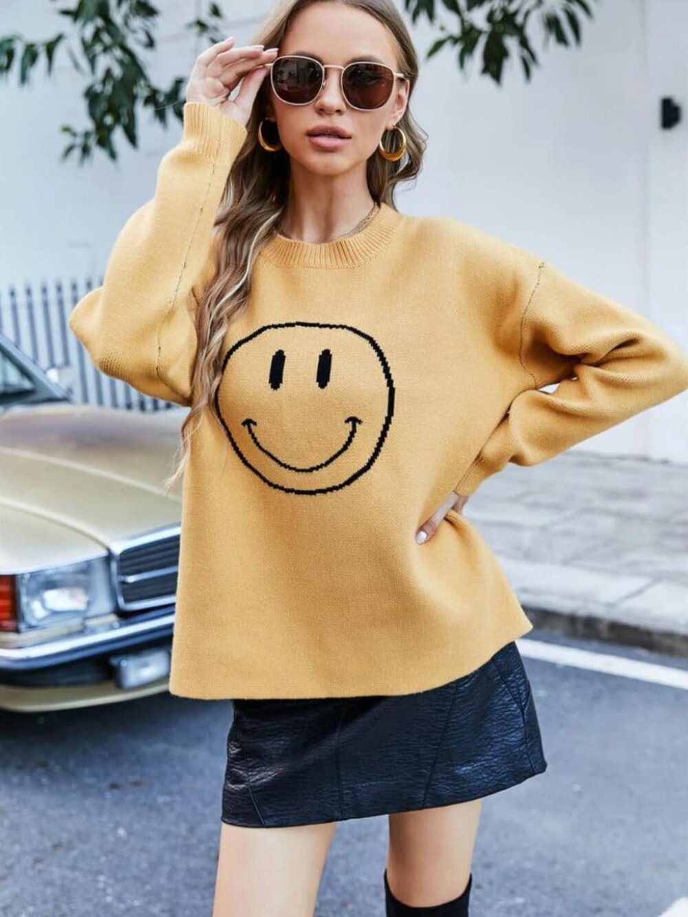 Miss Sparkling Mustard Yellow Smiley Face Sweater